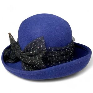 Bollman Hat Co Vtg 90s Navy Wool Felt Rolled Tilt Brim Hat Made In USA Mesh Bow
